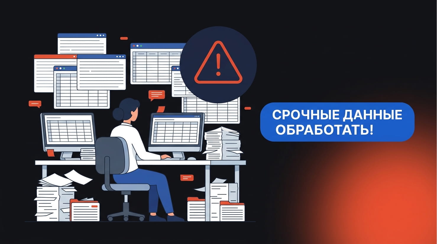 Администратор клиники, окружённый бумажными карточками и открытыми таблицами Excel